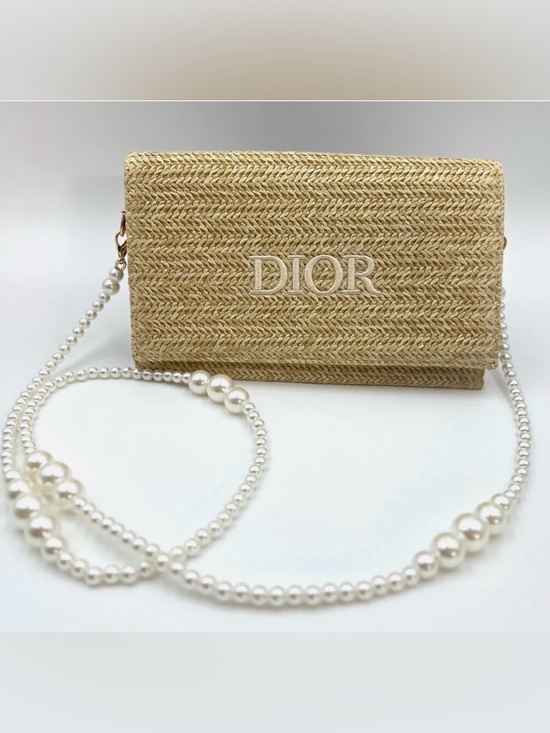 Dior Handbags - Dior Beige Woven Straw Clutch with Pearl Strap